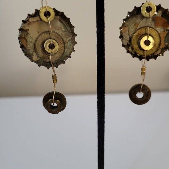 Mixed Metal Upcycled Hand Crafted Sol Cerveza Beer Bottle Cap Pierced Earrings - Picture 3 of 16